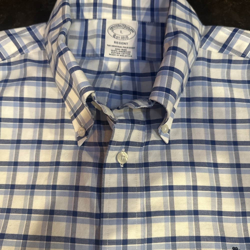 Brooks Brothers Regent Mens L Blue White Plaid Non-Iron Supima Cotton Shirt L/S